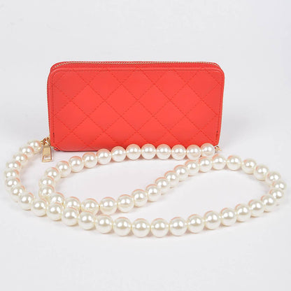 Faux Pearl Long Strap Crossbody Large Wallet