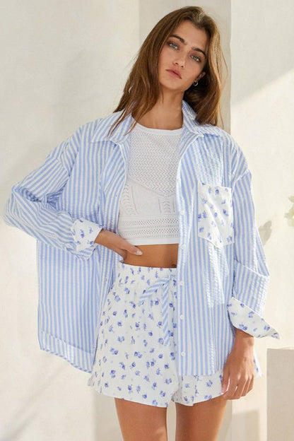 Floral Contrast Detail Button-Down Shirts