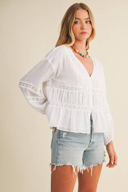 Lace Inset Gathered Peplum Blouse