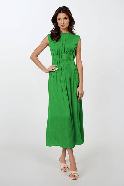 Silky Pleated Waistline Midi Dress
