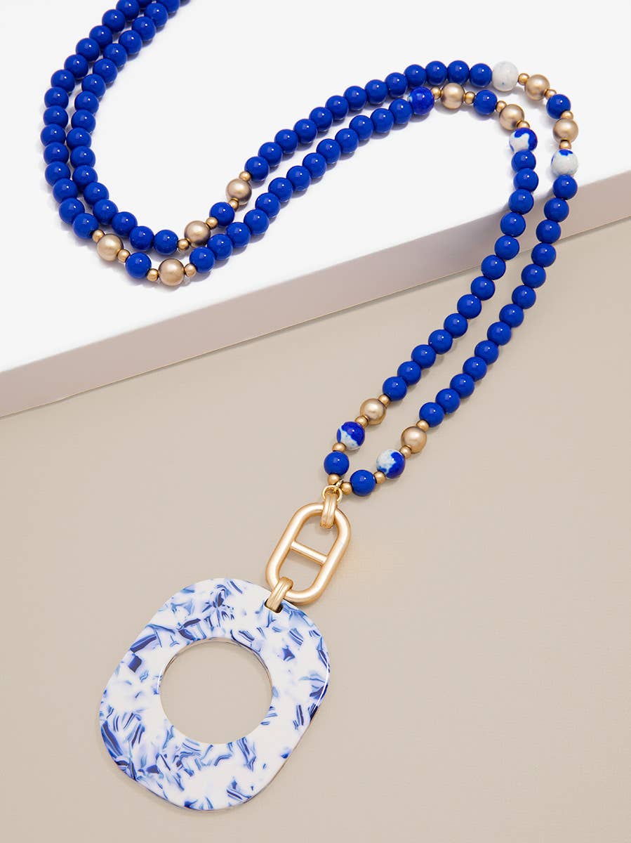 Zenzii Emblem Charm And Porcelain Pattern Acetate Pendant Necklace