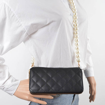 Faux Pearl Long Strap Crossbody Large Wallet
