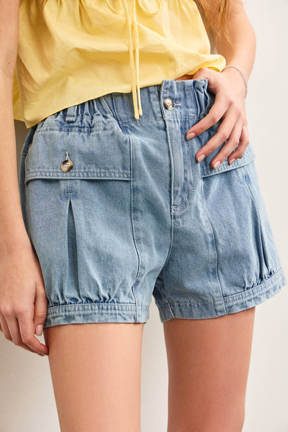 Pleated Pocket Denim Shorts