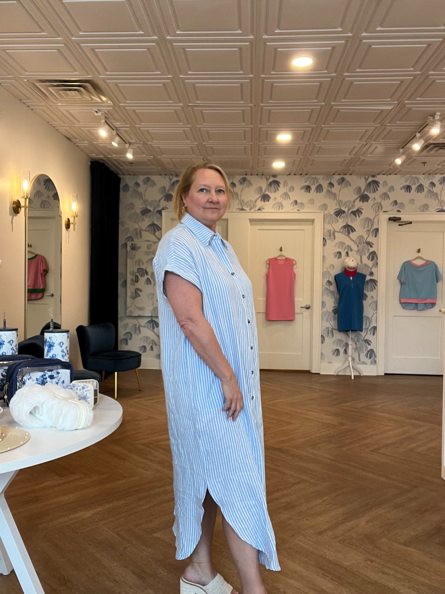 Blue Gauze Stripe Shirt Dress