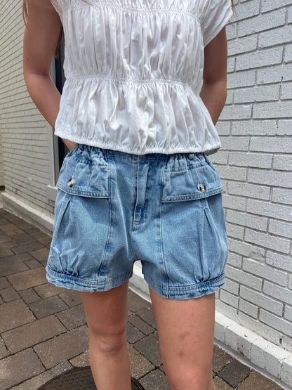 Pleated Pocket Denim Shorts