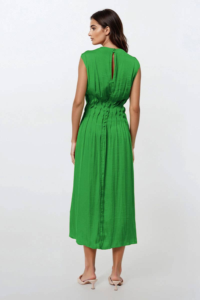 Silky Pleated Waistline Midi Dress
