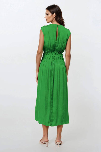 Silky Pleated Waistline Midi Dress