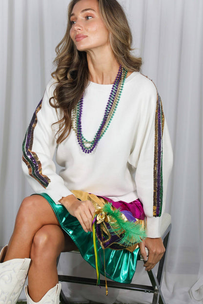 Mardi Gras Crew Neck Sequin Embellished Sweater VT82013A