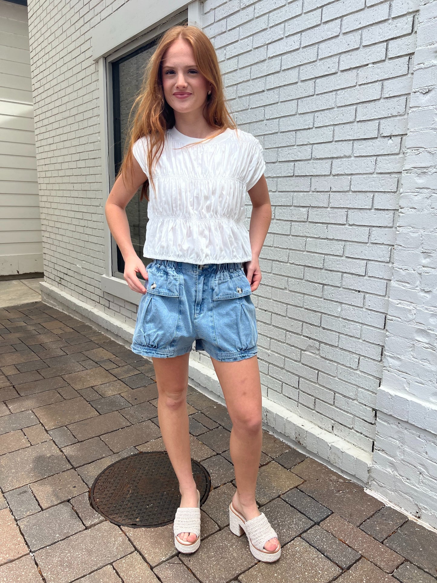 Pleated Pocket Denim Shorts