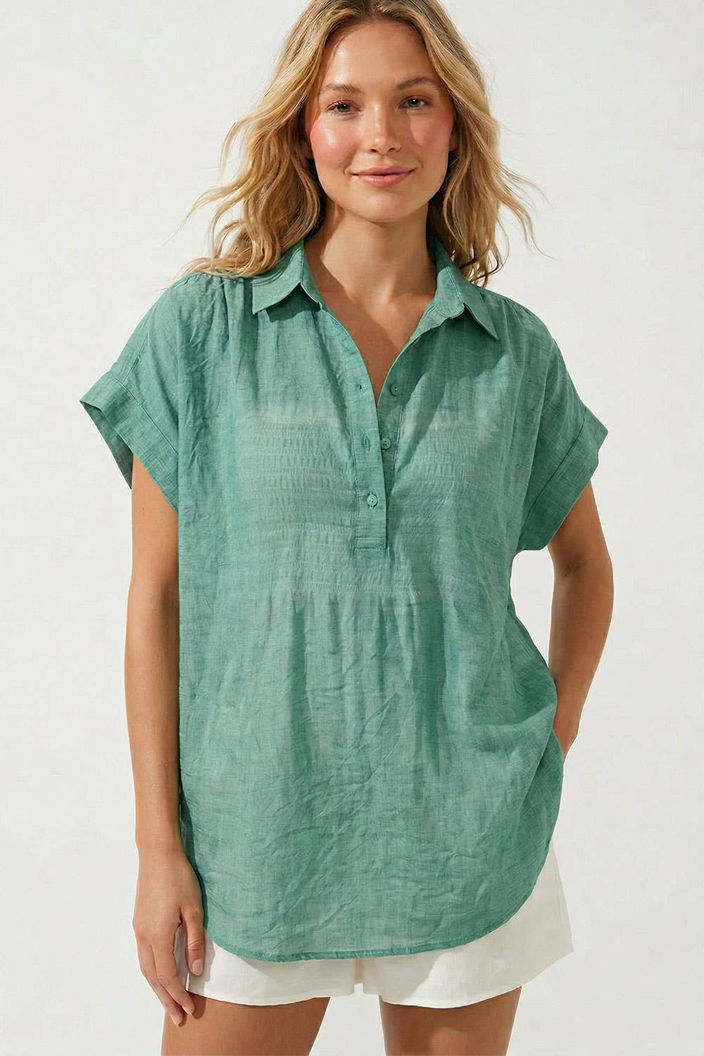 Sheer Cotton Short Sleeve Popover Blouse