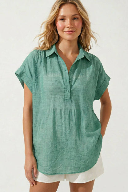 Sheer Cotton Short Sleeve Popover Blouse