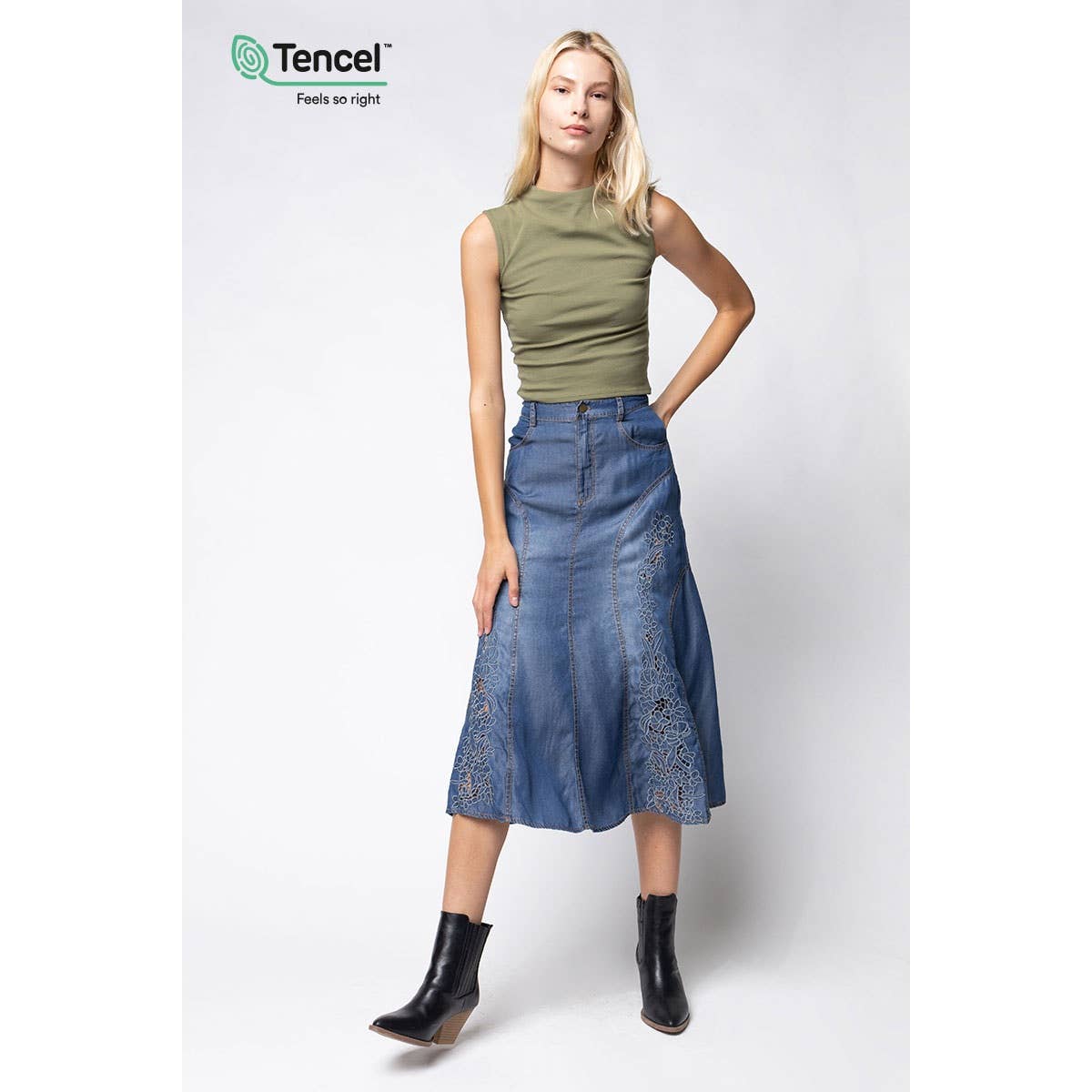 Embroidered Midi Denim Skirt