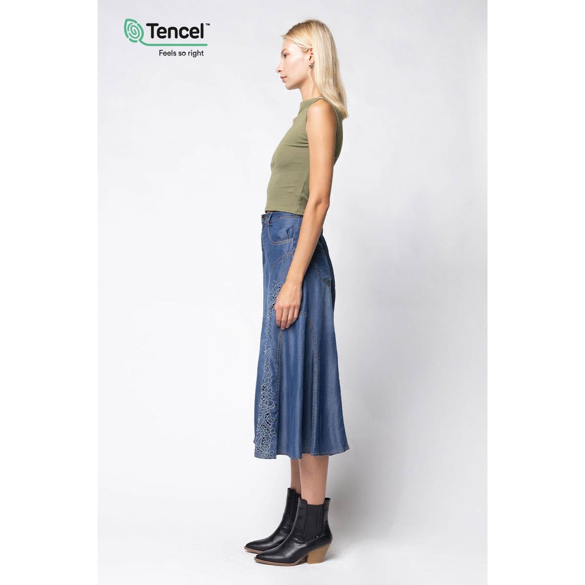 Embroidered Midi Denim Skirt