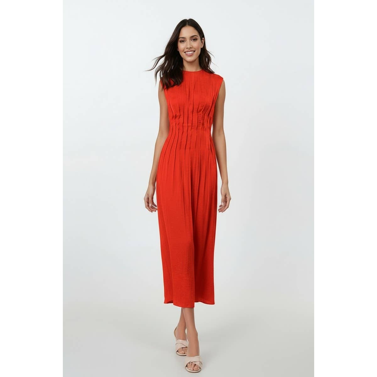 Silky Pleated Waistline Midi Dress