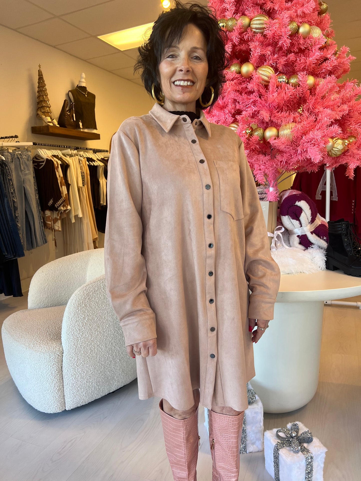 Long Sleeve Mini Faux Suede Shirt Dress