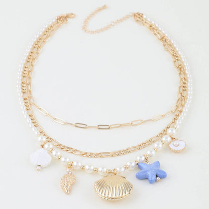 Triple Seashell Charm Chain Necklace
