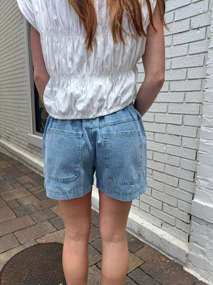 Pleated Pocket Denim Shorts